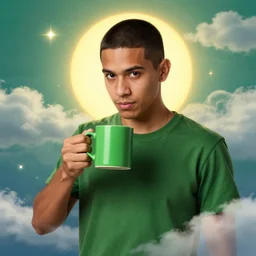 portrait of a ( ( ( una taza de cafe grande y verde ) ) ), ( ( guapo joven caliente colombiano mulato pelo buzzed ) ), nubes y magia, el sol, concept character, by greg rutowski and tezuka and mucha and bierstadt and remington, trending on artstation
