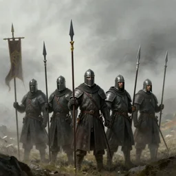 realistic, 5 medieval soldiers, in line, pikes, hellbards, banner, flag, mist, up facing, epic, digital art, illustration, fantasy, realistic sketch, dark