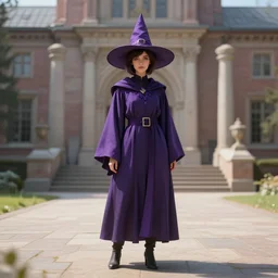 Young beautiful short woman in purple witch robes and pointy hat at a university, full body shot unreal engine hyperreallistic render 8k character concept art masterpiece digital art by Greg Rutkowski, Simon Stalenhag, trending on Artstation, CGSociety