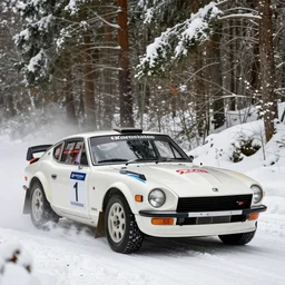 a 2 0 0 3 nissan fairlady z gt 3 0 0, racing through a rally stage in a snowy forest