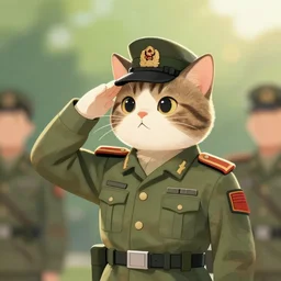 an illustration of a cat giving military salute to an army, lens flare, artisitic, natural lighting