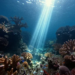 deep underwater, shafts of light piercing and refracting, corals are gemstones, intro to uncut gems, intersecting shafts of refracting light, brilliant, artstation, science, nature documentary, soft light, depth of vision, blur, realistic, instagram, y 2 k, wide shot, halftone