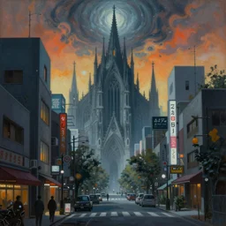painting of tokyo streets, by zdzislaw beksinski, by dariusz zawadzki, by john jude palencar, by micheal whelan, gothic, surrealism, cosmic horror, lovecraftian, cold hue's, warm tone gradient background, concept art, beautiful composition