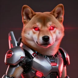 wearing power armor, scifi cyborg, anthropomorphic shiba inu, laser eyes, masterpiece, glowing red neon, by aleksi briclot, realistic face