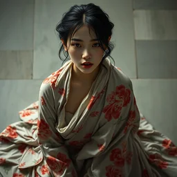 top angle view, wide lens of asian female draped in flowery dress, beautiful concept painting by caravaggio, ruan jia, jakub rebelka, artgerm, greg rutkowski, edgar maxence