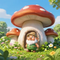 anime gnome, mushroom house, under lush green plants and flowers, hyper realism, macro shot, blue sky, sunny, bright colors,