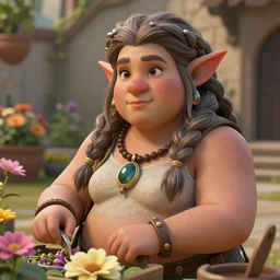 chubby female dwarven flower seller in courtyard, intricate braided hair, big nose, short plump body, soft lighting, highly detailed face, sharp focus, artstation, secret of mana, sophie anderson, arnold armitage, loish