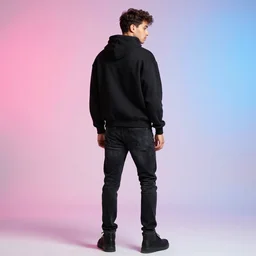 Man wearing black jeans and a black hoodie, back turned to the camera, on a pink and blue gradient background