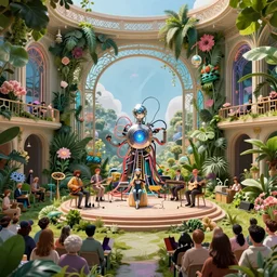 a wired up cybernetic artifical intelligent synthesizer on a overgrown center stage, its highest goal is to induce the utmost state happiness to the crowd attending by creating and playing music in the year 3 0 0 0, blissful, unreal, 4 k, hyperrealistic, refraction, 3 d, octane, architecture, by victor henrich, art nouveau, ultrawide, bloom filter, lush, harmony, solarpunk