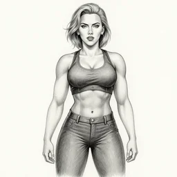 muscular, fully clothed, scarlett johansson from the hidden leaf village, pencil and ink, afro samurai anime style, black and white, dramatic lighting, soaking wet, heavy rain!
