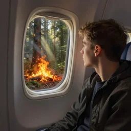 Traveler looking a the window in plane, forest fire outside, digital painting, 4k, forest ray light, particles light, by sasha kalinkin, Noah Bradley, ilya kuvshinov