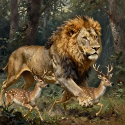 an oil painting of lion chasing a deer in the forest, masterpiece, highly detailed, high quality, 4 k, anatomically correct, hyperrealistic, concept art, octane render, unreal engine 5, trending on artstation, trending on deviantart, matte, historical painting, fantasy style, path traced, high coherence, soft lighting, digital painting, mythical