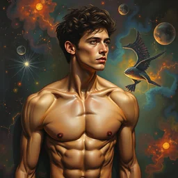 cosmic muscle god, timothee chalamet, 8 k, detailed oil painting
