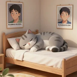 daz 3 d cat sleep on a bed in a cozy room - poster by wlop, kiyohara tama, krenz cushart, masamune shirow, makoto shinkai, yanjun cheng. featured on pixiv, ghilbi studio, anime aesthetic, pixiv, cold tones, artstation, vanitas, official art, gothic dark noise film photo