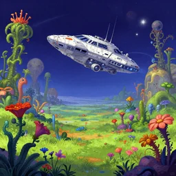 a spaceship on a wild landscape, full of alien plants and flowers, on a alien planet, from a sierra 2 d point and click graphic adventure game, art inspired by thomas kinkade