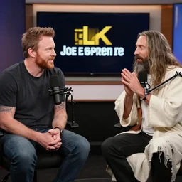 a picture of joe rogan, in the studio of the joe rogan experience, meeting elk jesus. still from podcast. 4 k, hd.