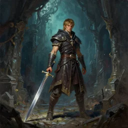 A tunic-wearing protagonist with a mithril sword is exploring the grimdarkest dungeon depths. trending on Pixiv. trending on ArtStation. A vibrant digital oil painting. A highly detailed fantasy character illustration by Wayne Reynolds and Charles Monet and Gustave Dore and Carl Critchlow and Bram Sels