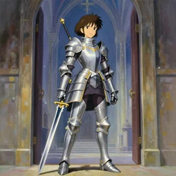 anime key visual concept art of anime female knight standing in the doorway of a grand chapel, silver armor with gold trims, warscythe holstered on her back, trending on artstation, brush strokes, oil on canvas, style of kawacy and makoto shinkai and greg rutkowski and studio ghibli