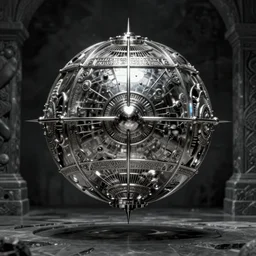 steel silver mechanical sphere floating in dark stone room, intricate, elegant, sharp focus, highly detailed, concept art, digital painting, aleksi briclot, rutkowski, beksinski
