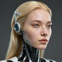 robot with human face, female head, woman human face, human face realistic, human head, human head with blonde hair, blonde hair human head, blonde hair, human realistic face, human head skin, cyborg frame concept, cyborg by ales-kotnik, sci-fi android female