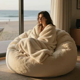 a woman wrapped up in a cozy blanket in a giant cream - colored faux - fur beanbag chair in an apartment with a view of the beach : : photorealistic, cinematic, volumetric lighting
