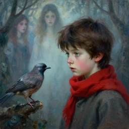 a young boy with a red scarf, medium long brown hair, green eyes, is looking at a bird, ethereal, horror, fantasy art by greg rutkowski and magali villeneuve and claude monet