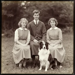 autochrome photograph, family photo, anne of the green gables with her elder step parents, and a border collie sitted aside.
