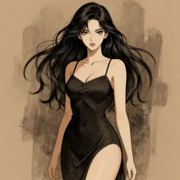 gorgeous young woman with, wearing a camisole, full body drawing, black and brown colors, in the style of greg rutkowski, anime artstyle, intricate