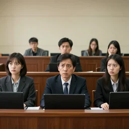 courtroom scene, blank looks, confusion all around