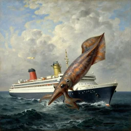 A giant squid destroying a cruise ship in the middle of the ocean, oil painting by Jan Steen