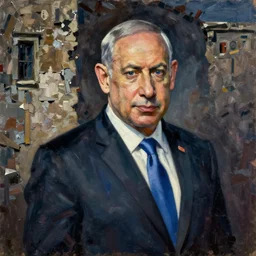 benjamin netanyahu on a victorian style bad old deteriorating walls in the background in the style of lucian freud, painting, dark, brush strokes