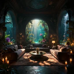 videogame screenshot of a very dark dreamy luxury flooded tropical aquarium maximalist living room, candlelight, sunset glow, dark shadows, god rays, chiaroscuro, backlit, octane render, volumetric lighting, raytracing, symmetrical wide shot low angle