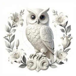 beautiful classical holy decorative ornament, sacred owl, acanthus scrolls, lilies, ivy, anatomy, energy, geometry, magnolia, bones, petals, stems, ceremonial clouds, dripping paint, fibonacci rhythm, artstation, art germ, wlop