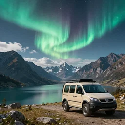 An epic fantasy style landscape painting of a Mountainrange and a lake, with a starry sky and breathtaking aurora and a beige Volkswagen Caddy Campervan 4x4, unreal 5, DAZ, hyperrealistic, octane render, volumetric clouds dynamic lighting
