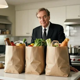 2 0 0 2 john lasseter wearing a black suit and necktie. he is in the kitchen of his house where there are brown paper bags full of groceries sitting on the counter.