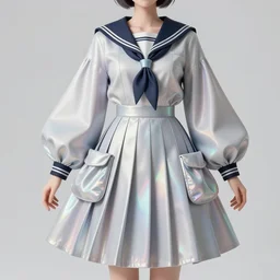designer anime stylized figure haute couture collection light textiles, holographic palette, body fitted dart manipulation, loose coat collar sailor uniform, midi skirt, coated pleats, synthetic curves striking pose, stylized dynamic folds, cute huge pockets, intriguing volume flutter, youthful, modeled by modern designer bust, expert composition, professional retouch, editorial photography