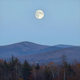vermont mountains, supermoon, clear sky, twilight, abbott handerson thayer oil painting, pale blue palette