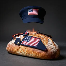 a loaf of bread dressed in a USA army cadet clothes, dramatic portrait