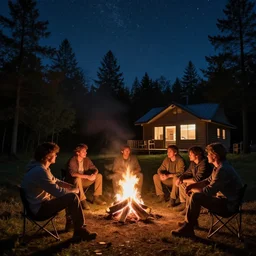 “Photorealistic image of five guys sitting around a campfire near a cabin and near the forest under the stars in the night”