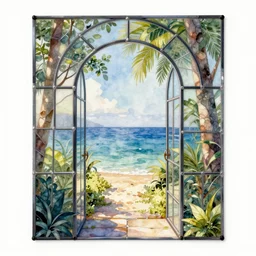 watercolor stainglass portal to paradise, ultra detailed, photorealistic, octane render, high definition, fine details, ethereal tones, 8 k, mcbess mood