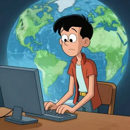 a skinny computer nerd taking over the world, in the style of archie comics (1963), full body character concept art, artstation, HQ scan, toon shading, cel shading,