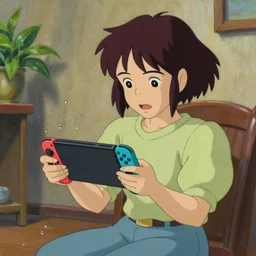 girl playing a nintendo switch at home, drops around, particles, shiny, Studio Ghibli, animated, illustrated, vibrant, by Greg Rutkowski, artstation, oil painting, detailed, 4k, colorful