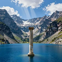 a vast mountain landscape in the style of thomas cole, with a single eroded corinthian column in the foreground, partially submerged in a deep blue lake, god rays, raytracing, 8k, octane render, volumetric, vivid, beautiful, hyperrealism”