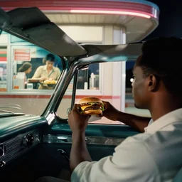 color photo first person perspective of a man in a vintage car looking out the driver - side window, man ordering fast food hamburger at drive thru window, woman is working at drive thru window holding fast food tray, 1 9 5 0's era drive thru restaurant, black man driving vintage car with elaborate interior with no interior lights, nighttime,