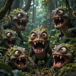 of the dark jungle with large strange scary creatures with big eyes, mouth and sharp teeth appearing from the bushes, in the style of Gaudi, macro lens, shallow depth of field, highly detailed, digital painting, trending artstation, concept art, illustration, cinematic lighting, vibrant colors, photorealism, epic, octane render
