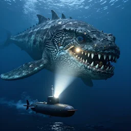 a submarine lighting up the eye of a massive sea monster,