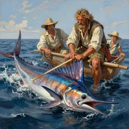 a matte painting of the scene from the old man and the sea as he is pulled out to sea by a monster marlin, in the style of george philip reinagle, greg rutkowski, jan van de cappelle, digital painting, photorealistic, ornately detailed, unreal engine, extremely detailed masterpiece, illustration, trending on artstation