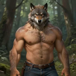 character concept portrait, friendly lumberjack werewolf, style digital painting, shirtless, hairy chest, belly, brawny, broad shoulders, jeans, forest background, highly detailed, smooth, sharp focus, illustration by ruan jia and mandy jurgens and william - adolphe bouguereau, artgerm