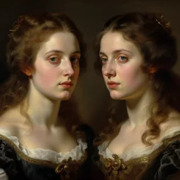 baroque and romantic frontal portrait of adult twins in the apocalypse.