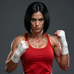 a portrait of odeya rush, muscular, wearing red attire, white bandages on fists, wearing red tanktop with gold lining, black hair, short - medium length hair, serious, style by donato giancola, wayne reynolds, jeff easley dramatic light, high detail, cinematic lighting, artstation, dungeons and dragons